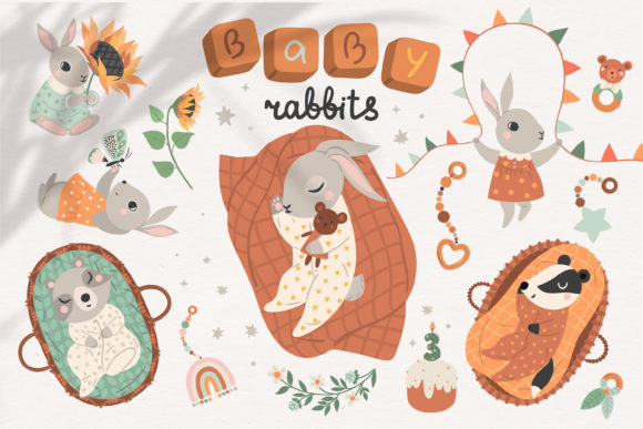 Baby Rabbit Illustrations Set: A Whimsical Design Asset